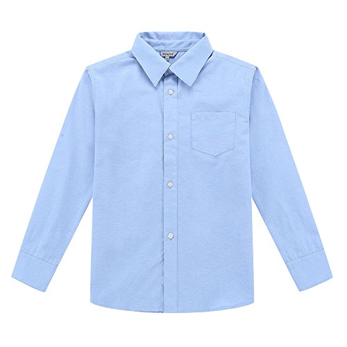 Bienzoe Boy's School Uniform Long Sleeve Button Down Oxford Shirt Blue 8-9 Years