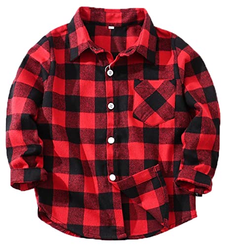 Coralup Kids Cotton Plaid Button Down Long Sleeve Shirt for Boys Girls Red 10-11Years