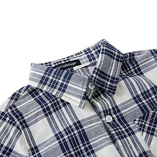 Spring&Gege Boys' Short Sleeve Plaid Button Down Cotton Sport Dress Shirts, Navy Blue Check Gingham, Size 13-14 Years