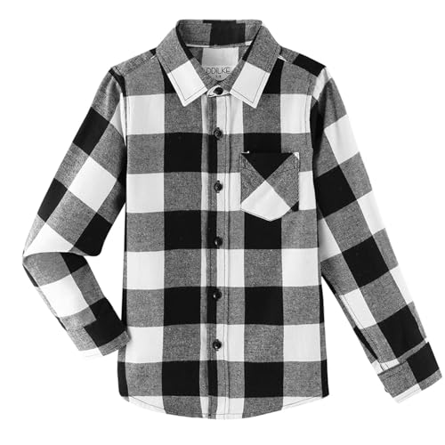 DILBYKE Boys' Casual Flannel Shirt Plaid Long Sleeve Checked Button Down Shirts for Kids, Soft Cotton Plush, Black and White Checked 15-16 Years