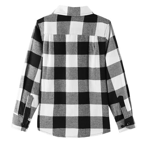 DILBYKE Boys' Casual Flannel Shirt Plaid Long Sleeve Checked Button Down Shirts for Kids, Soft Cotton Plush, Black and White Checked 15-16 Years