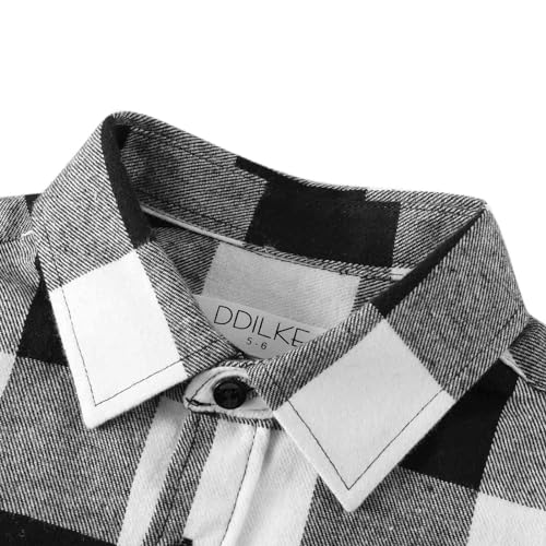 DILBYKE Boys' Casual Flannel Shirt Plaid Long Sleeve Checked Button Down Shirts for Kids, Soft Cotton Plush, Black and White Checked 15-16 Years