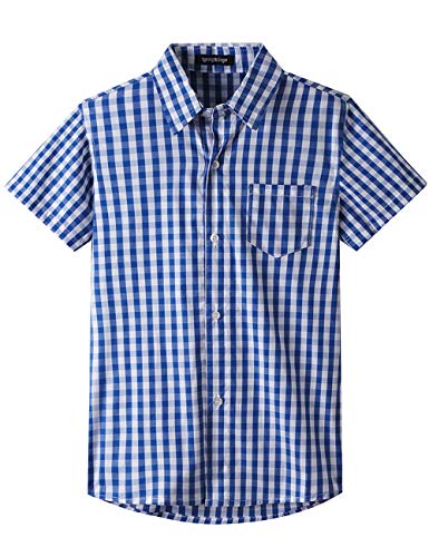 Spring&Gege Boys' Short Sleeve Poplin Button Down Shirt Cotton Plaid Uniform Dress Shirts, Royal Blue Large Check Gingham, Size 11-12 Years