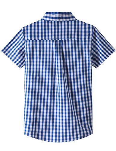 Spring&Gege Boys' Short Sleeve Poplin Button Down Shirt Cotton Plaid Uniform Dress Shirts, Royal Blue Large Check Gingham, Size 11-12 Years