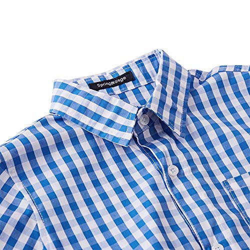 Spring&Gege Boys' Short Sleeve Poplin Button Down Shirt Cotton Plaid Uniform Dress Shirts, Royal Blue Large Check Gingham, Size 11-12 Years