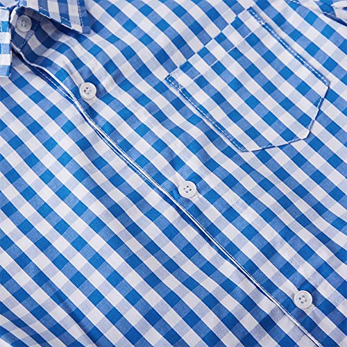 Spring&Gege Boys' Short Sleeve Poplin Button Down Shirt Cotton Plaid Uniform Dress Shirts, Royal Blue Large Check Gingham, Size 11-12 Years