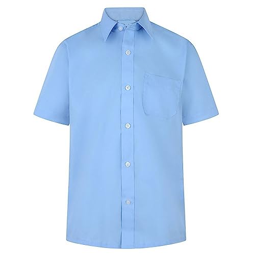 Boys Dress School Shirts Short Sleeve Long Sleeve in Blue & White Colour (15-16 Years (14.5" Collar Size), Blue Short Sleeve)