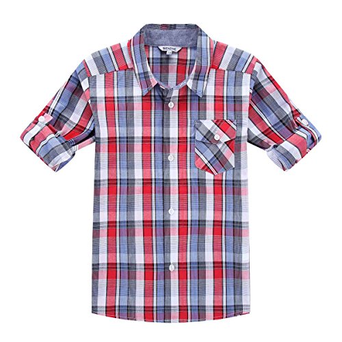 Bienzoe Boy's Cotton Plaid Roll Up Sleeve Button Down Sports Shirts Red/Blue 7/8