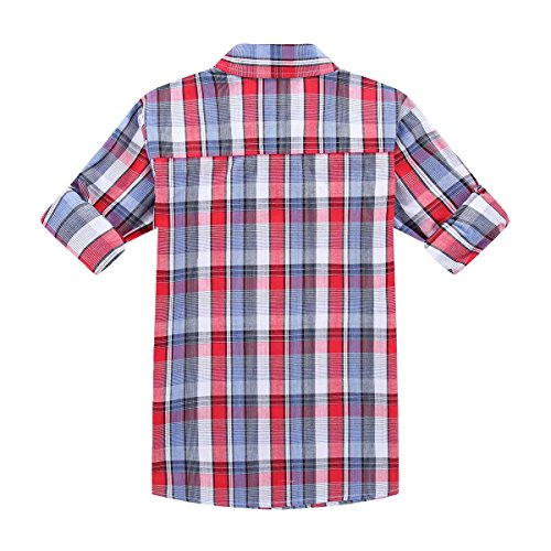Bienzoe Boy's Cotton Plaid Roll Up Sleeve Button Down Sports Shirts Red/Blue 7/8