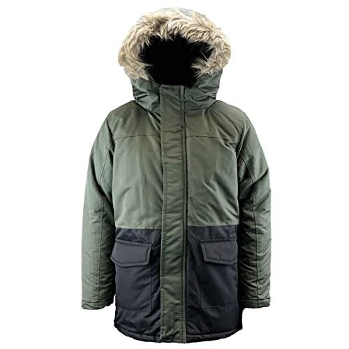 G5 APPAREL Boys Padded Fleece Lined Parka Coat | Kids Water Resistant Jacket (14 Years, Olive/Black)