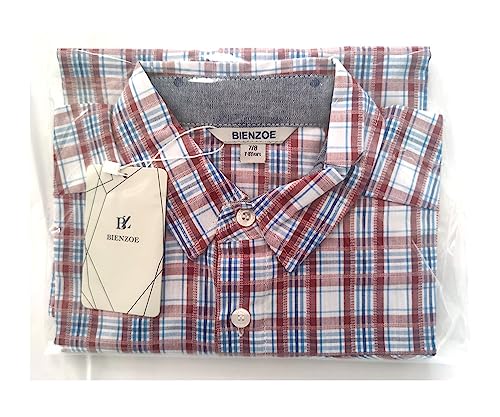 Bienzoe Boy's Cotton Plaid Roll Up Sleeve Button Down Sports Shirts Red/Blue 7/8