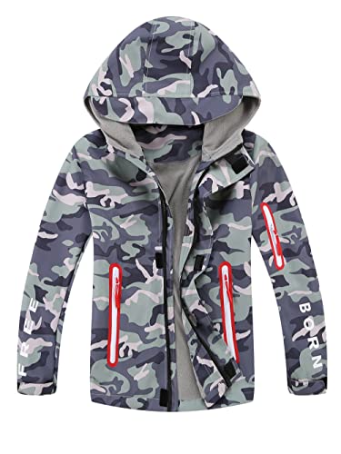 YoungSoul Kids Camo Printed Raincoat Boys Fleece Lined Waterproof Jacket with Hood Grey Green 5-6 Years/Label M