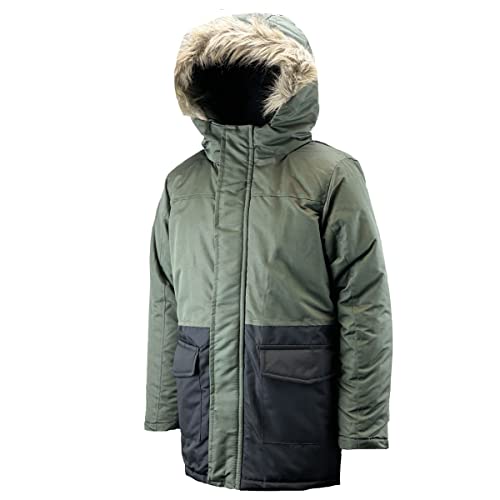 G5 APPAREL Boys Padded Fleece Lined Parka Coat | Kids Water Resistant Jacket (14 Years, Olive/Black)