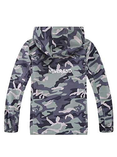 YoungSoul Kids Camo Printed Raincoat Boys Fleece Lined Waterproof Jacket with Hood Grey Green 5-6 Years/Label M