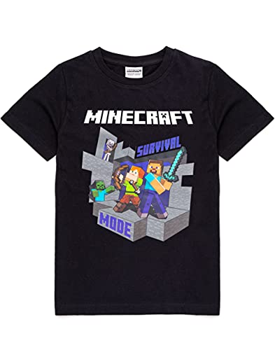 Minecraft T Shirt Boys | Kids Survival Mode Sword Short Sleeve Black Top | Steve Alex Childrens Game Merchandise 7-8 Years