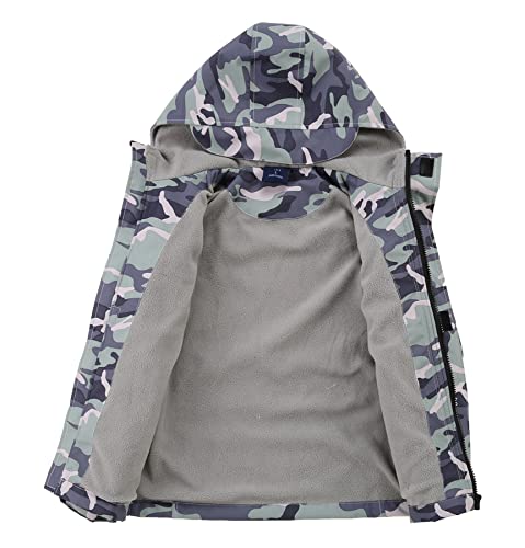YoungSoul Kids Camo Printed Raincoat Boys Fleece Lined Waterproof Jacket with Hood Grey Green 5-6 Years/Label M