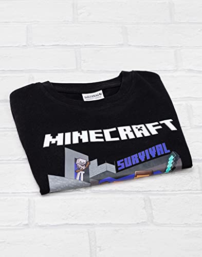 Minecraft T Shirt Boys | Kids Survival Mode Sword Short Sleeve Black Top | Steve Alex Childrens Game Merchandise 7-8 Years