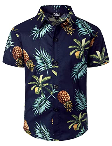 JOGAL Boys Funky Casual Short Sleeve Hawaiian Shirt Kids Floral Print Cotton Shirt Navy PineLeaf 13-14 Years