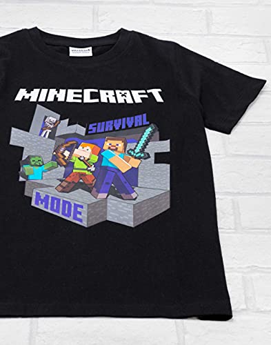 Minecraft T Shirt Boys | Kids Survival Mode Sword Short Sleeve Black Top | Steve Alex Childrens Game Merchandise 7-8 Years