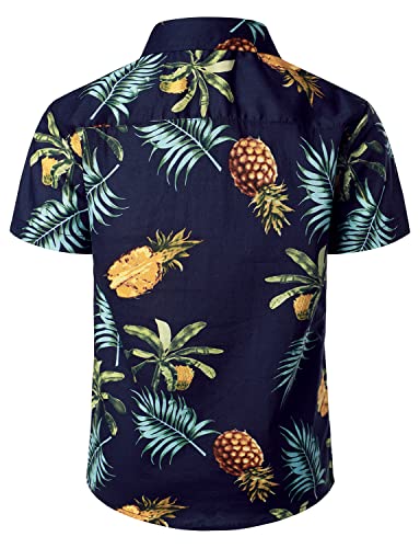 JOGAL Boys Funky Casual Short Sleeve Hawaiian Shirt Kids Floral Print Cotton Shirt Navy PineLeaf 13-14 Years