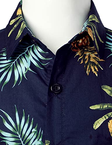 JOGAL Boys Funky Casual Short Sleeve Hawaiian Shirt Kids Floral Print Cotton Shirt Navy PineLeaf 13-14 Years