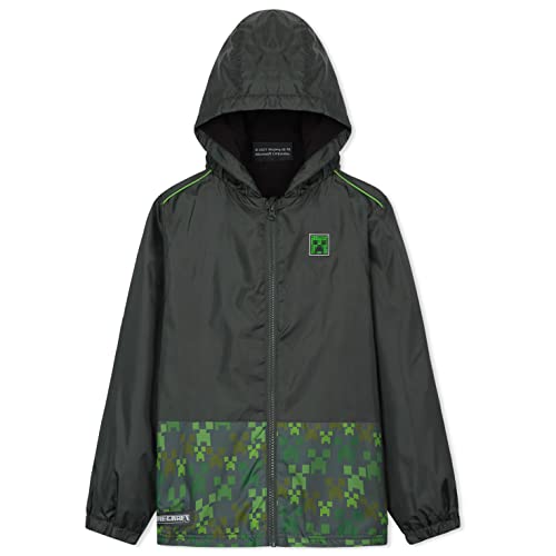 Minecraft Boys Rain Jacket, Outdoor Waterproof Jackets with Warm Lining and Hood, Fleece Lined Kids Raincoat, Gift Idea for Back to School for Gamers Age 5-14 Years (Dark Green, 7-8 Years)
