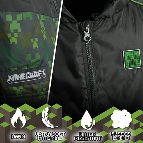 Minecraft Boys Rain Jacket, Outdoor Waterproof Jackets with Warm Lining and Hood, Fleece Lined Kids Raincoat, Gift Idea for Back to School for Gamers Age 5-14 Years (Dark Green, 7-8 Years)