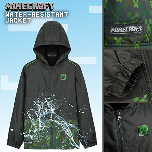Minecraft Boys Rain Jacket, Outdoor Waterproof Jackets with Warm Lining and Hood, Fleece Lined Kids Raincoat, Gift Idea for Back to School for Gamers Age 5-14 Years (Dark Green, 7-8 Years)