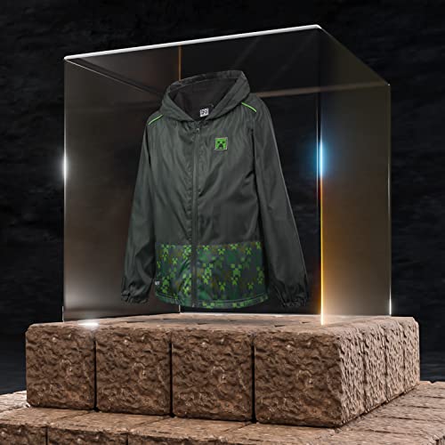 Minecraft Boys Rain Jacket, Outdoor Waterproof Jackets with Warm Lining and Hood, Fleece Lined Kids Raincoat, Gift Idea for Back to School for Gamers Age 5-14 Years (Dark Green, 7-8 Years)