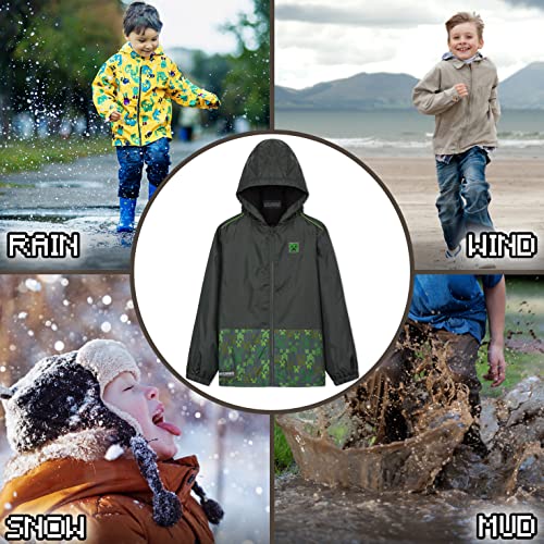 Minecraft Boys Rain Jacket, Outdoor Waterproof Jackets with Warm Lining and Hood, Fleece Lined Kids Raincoat, Gift Idea for Back to School for Gamers Age 5-14 Years (Dark Green, 7-8 Years)