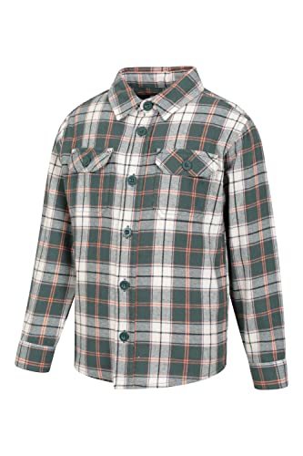 Mountain Warehouse Flannel Kids Check Shirt - Brushed Flannel Check Shirt, 2 Twin Chest Pockets Girls Top, Buttoned Boys Shirt, Warm & Cosy - for Walking, Travelling Green 11-12 Years