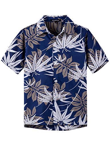 Spring&Gege Boys' Short Sleeve Button Down Fun Hawaiian Shirt Cartoon Print Aloha Dress Shirts, Navy Blue Leaf, 11-12 Years