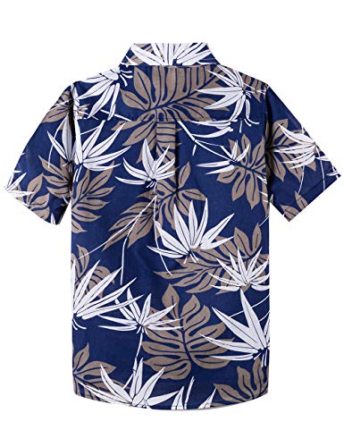 Spring&Gege Boys' Short Sleeve Button Down Fun Hawaiian Shirt Cartoon Print Aloha Dress Shirts, Navy Blue Leaf, 11-12 Years