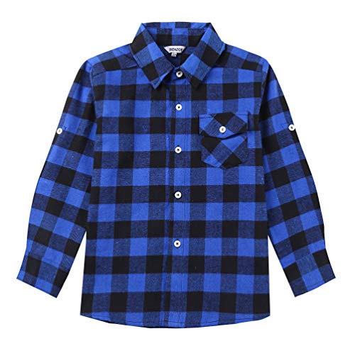 Bienzoe Boys Button Down Shirt: Kids Plaid Flannel Long Sleeve Shirts Blue Black 7/8