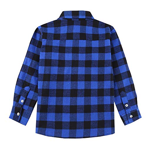 Bienzoe Boys Button Down Shirt: Kids Plaid Flannel Long Sleeve Shirts Blue Black 7/8