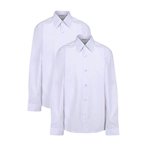 Trutex 2 Pack Long Sleeve White School Shirts Boys (7-16+ Years) Slim Fit White Shirts for Boys, Easy Iron Boys White Shirts, Button Down White Shirt Boys - Genuine School Uniform