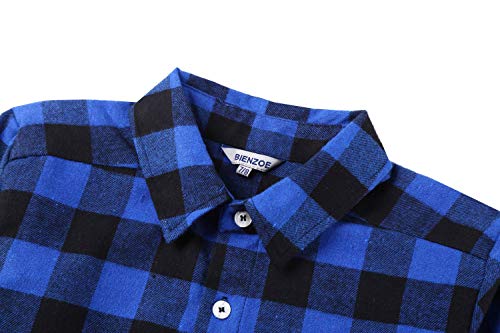 Bienzoe Boys Button Down Shirt: Kids Plaid Flannel Long Sleeve Shirts Blue Black 7/8