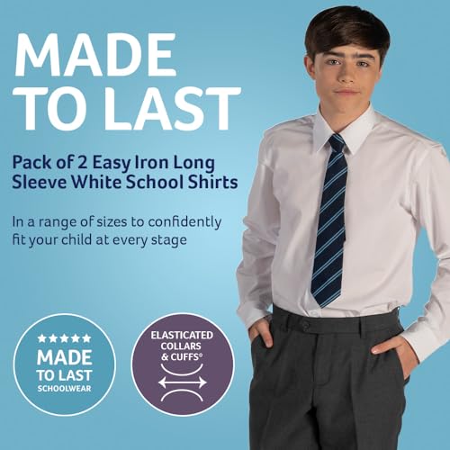 Trutex 2 Pack Long Sleeve White School Shirts Boys (7-16+ Years) Slim Fit White Shirts for Boys, Easy Iron Boys White Shirts, Button Down White Shirt Boys - Genuine School Uniform