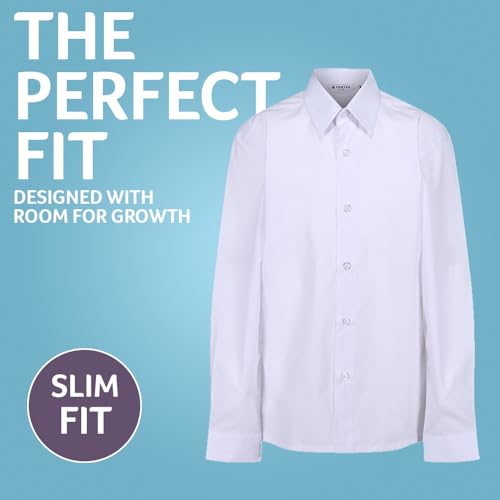 Trutex 2 Pack Long Sleeve White School Shirts Boys (7-16+ Years) Slim Fit White Shirts for Boys, Easy Iron Boys White Shirts, Button Down White Shirt Boys - Genuine School Uniform
