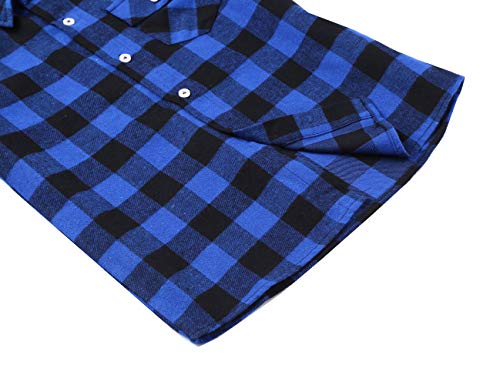 Bienzoe Boys Button Down Shirt: Kids Plaid Flannel Long Sleeve Shirts Blue Black 7/8