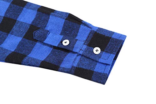 Bienzoe Boys Button Down Shirt: Kids Plaid Flannel Long Sleeve Shirts Blue Black 7/8