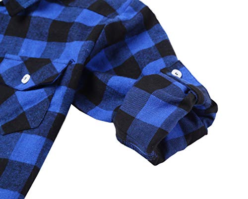 Bienzoe Boys Button Down Shirt: Kids Plaid Flannel Long Sleeve Shirts Blue Black 7/8
