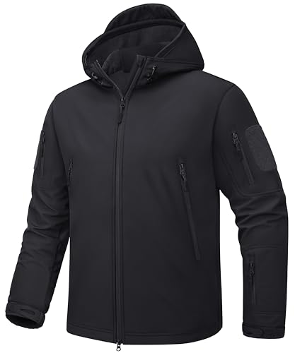 TACVASEN Winter Jacket Men Waterproof Warm Black Military Jacket Hooded Softshell Fleece Jacket with hood Airsoft Hiking Outdoor, UK S (Tag M), Black