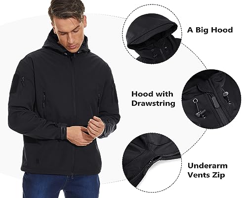 TACVASEN Winter Jacket Men Waterproof Warm Black Military Jacket Hooded Softshell Fleece Jacket with hood Airsoft Hiking Outdoor, UK S (Tag M), Black