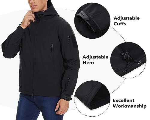 TACVASEN Winter Jacket Men Waterproof Warm Black Military Jacket Hooded Softshell Fleece Jacket with hood Airsoft Hiking Outdoor, UK S (Tag M), Black