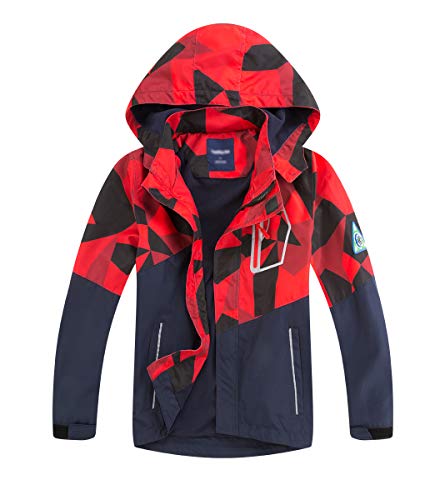 LAUSONS Kids Boys Fleece Lined Raincoat Lightweight Windbreaker Camo Outdoor Waterproof Jacket with Removable Hood Red 10-11 Years / 150cm