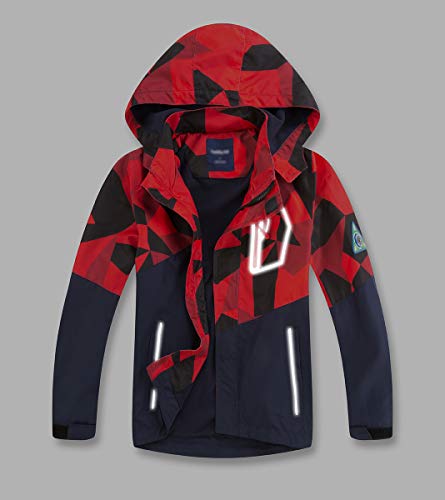 LAUSONS Kids Boys Fleece Lined Raincoat Lightweight Windbreaker Camo Outdoor Waterproof Jacket with Removable Hood Red 10-11 Years / 150cm