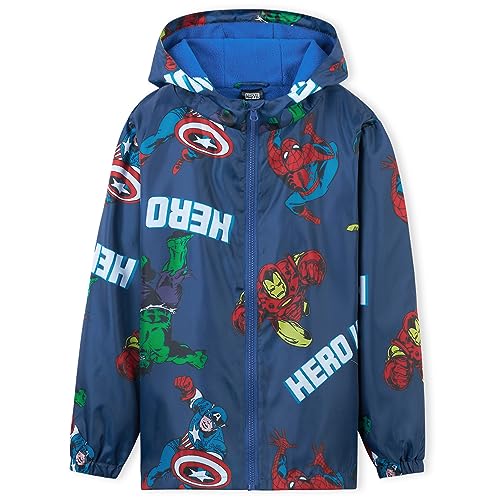 Marvel Boys Waterproof Jacket Avengers Spiderman Hooded Jacket Fleece Lining Raincoat for Boys Teenagers 4-14 Years (Navy Avengers, 7-8 Years)