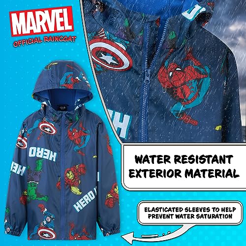 Marvel Boys Waterproof Jacket Avengers Spiderman Hooded Jacket Fleece Lining Raincoat for Boys Teenagers 4-14 Years (Navy Avengers, 7-8 Years)