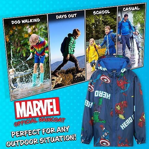 Marvel Boys Waterproof Jacket Avengers Spiderman Hooded Jacket Fleece Lining Raincoat for Boys Teenagers 4-14 Years (Navy Avengers, 7-8 Years)